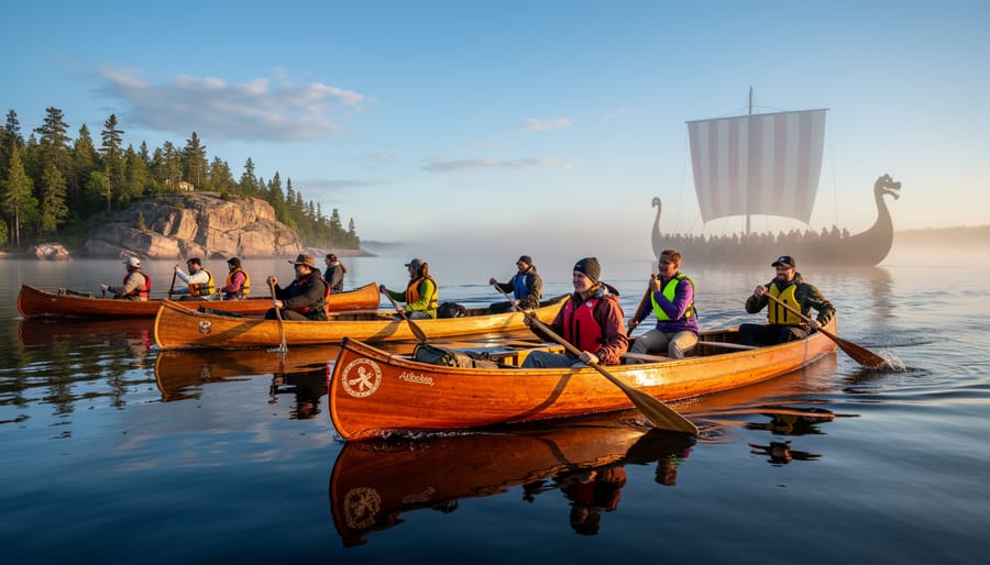 Traditional wooden canoe on rocky northern Ontario shoreline with forest lake background