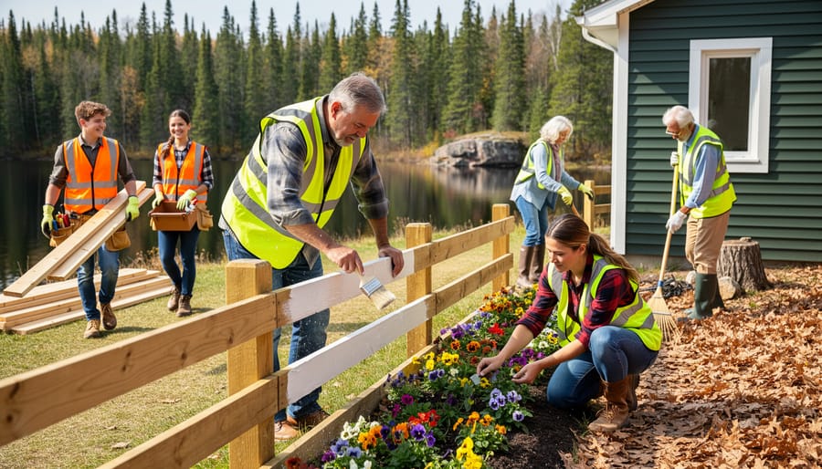Community members working together on outdoor volunteer project in Atikokan
