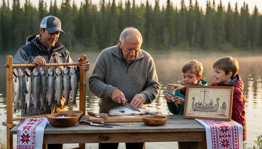 Fresh-caught fish with traditional preservation equipment on wooden surface
