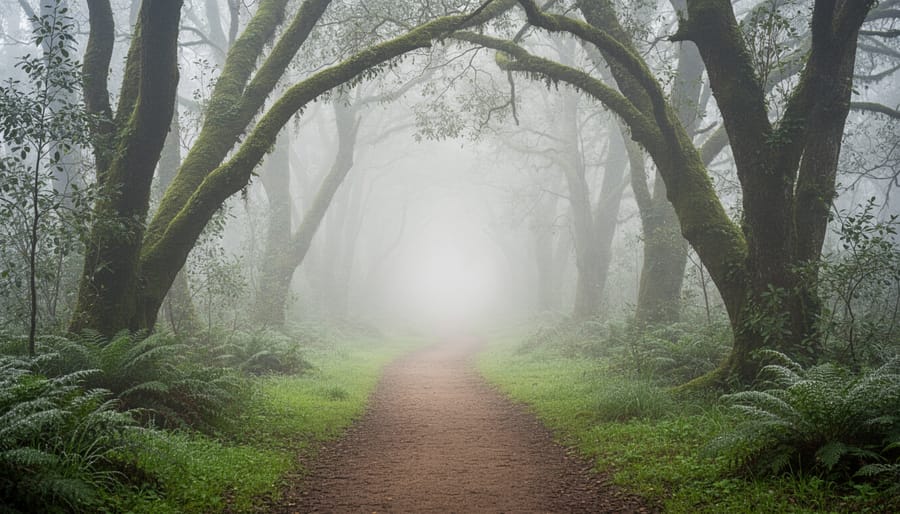 Wide view of a winding forest trail through birch and pine trees fading into mist