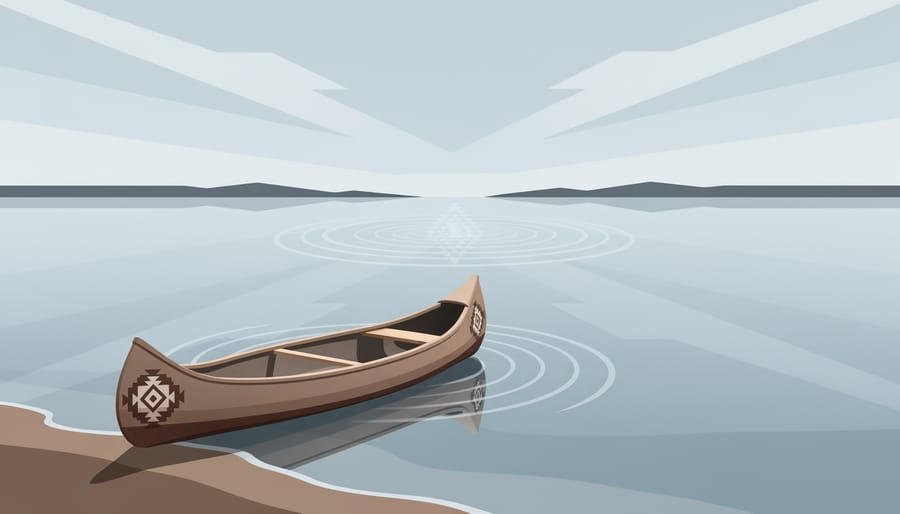 Canoe resting on a rocky lakeshore at golden hour with forest in the background