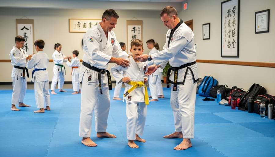 Instructor and students tying belts in a community hall near training mats