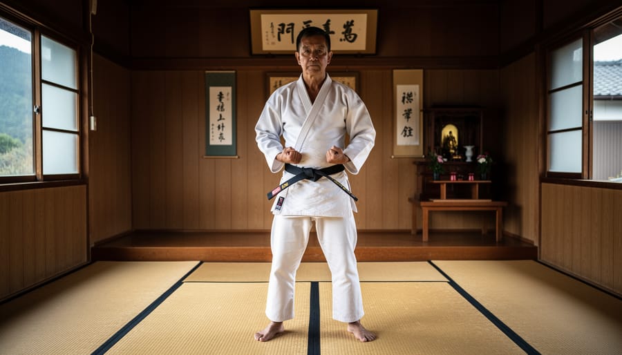 Martial arts practitioner practicing a controlled stance inside a dojo