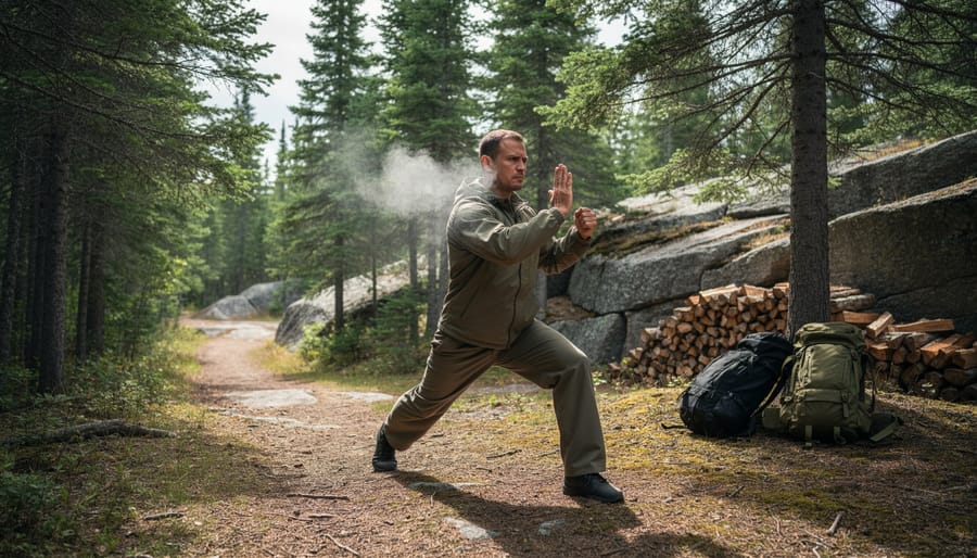 Martial arts practitioner practicing with a staff in a snowy forest setting
