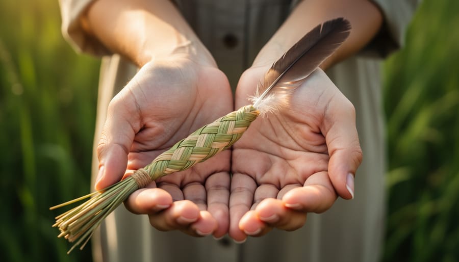 Close-up of hands holding a bundle of sweetgrass with a feather beside it on a rustic surface