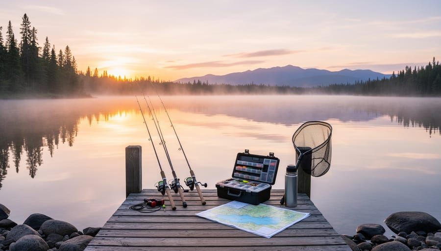 A canoe at sunrise with fishing gear prepared for bass season on a Canadian lake.