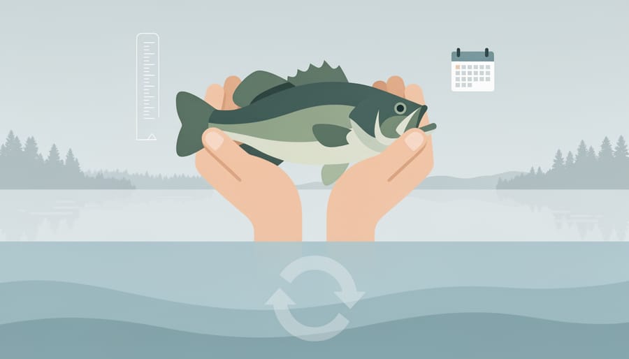 An angler carefully releasing a bass back into the water near aquatic plants.