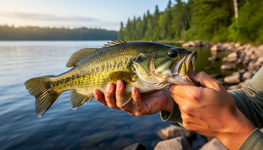 An angler holding a largemouth bass above a calm Ontario lake.