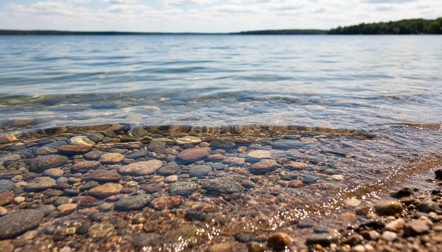 Clear water near shore on Lake Simcoe with visible submerged pebbles and a fishing lure near the surface.