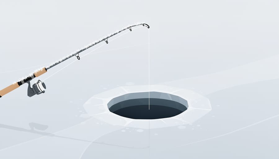 Close-up of a frost-covered ice fishing rod tip and taut line above an ice hole