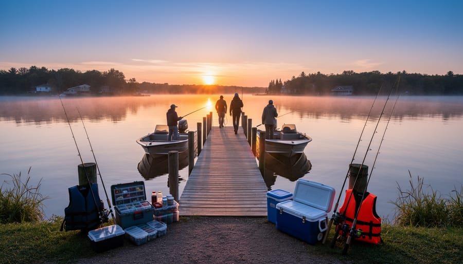 Fishing rod and boat dock at sunrise on Lake Simcoe with calm water and shoreline trees in the background.