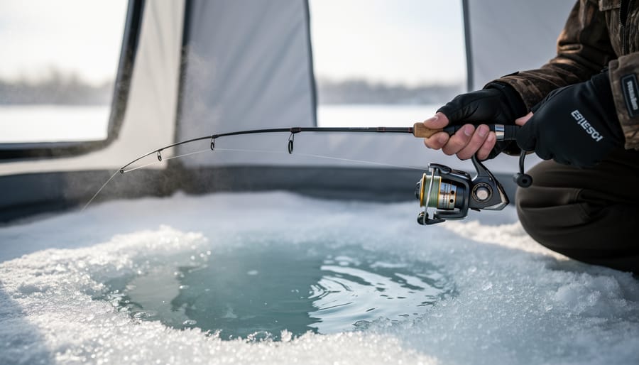 Ice angler holding an ice fishing rod near an open hole inside a winter shelter