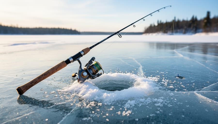 Ice fishing rod and reel resting on snow-covered ice beside an open ice hole, with winter gear in the background
