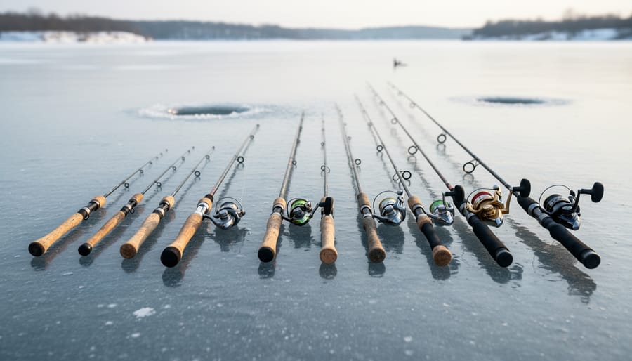Multiple ice fishing rods of different powers standing on snow-covered ice with tackle nearby