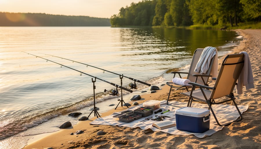 Picnic blanket and fishing gear set on a sandy lakeside beach with calm Lake Simcoe water in the background.