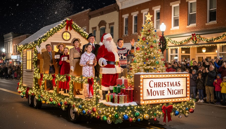 Decorated community parade float with Christmas-themed lights and performers