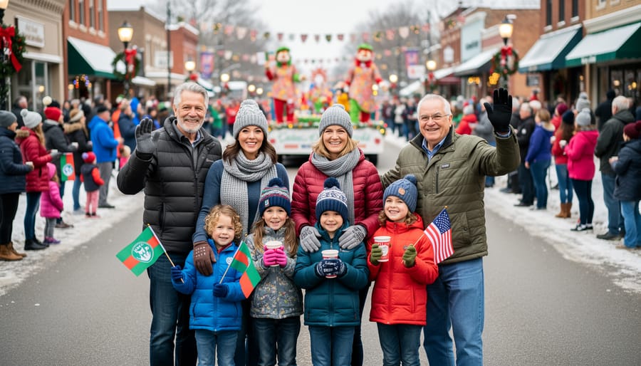 Families bundled in winter coats watching the Santa Claus Parade along the curb