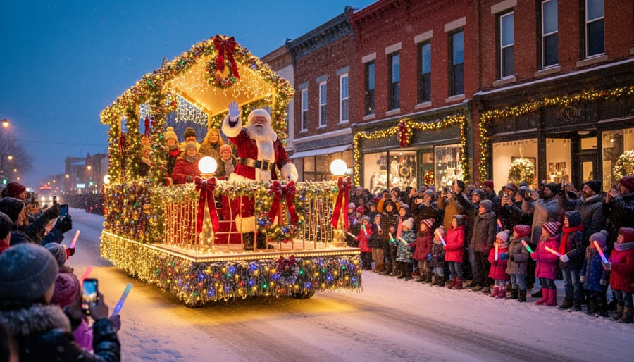 Santa Claus waving from a decorated parade float on a snowy street during the Santa Claus Parade