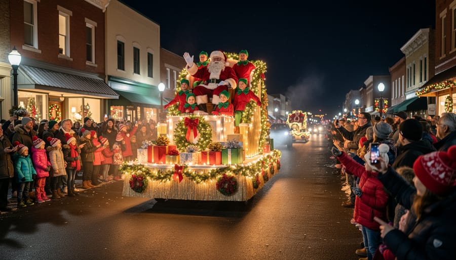Santa and children wave from a brightly lit holiday parade float while spectators line the street at dusk.