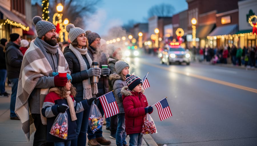 Families in winter clothing stand along the parade route watching for the parade to begin.