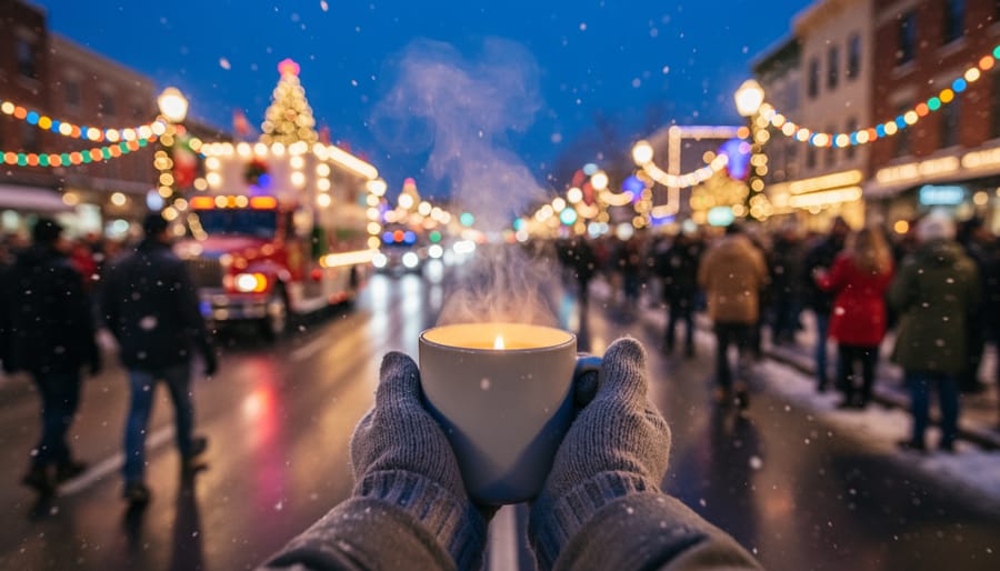 A thermos held in red winter gloves next to street decorations with light snowfall in the background.