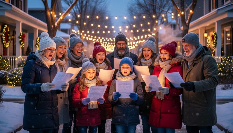 Carollers in winter coats and knit hats singing outdoors with a lit holiday setting in the background.