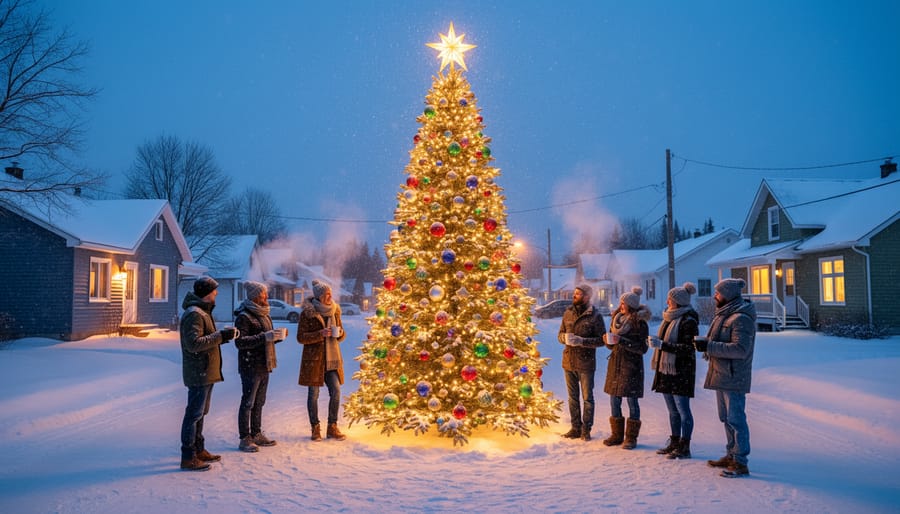 A decorated Christmas tree glowing with lights while community members gather in the snow at night.