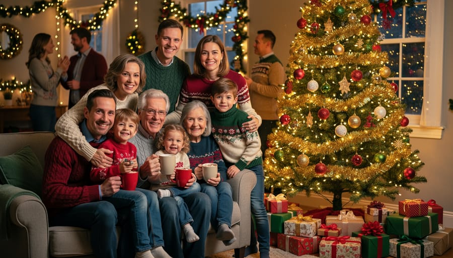 A family posing and smiling near a glowing Christmas tree while standing in snowy night conditions.